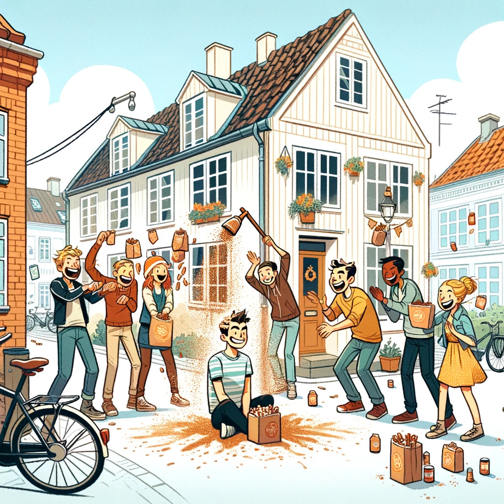 Ung mand får kanel på sin fødselsdag af sine venner og veninder.
