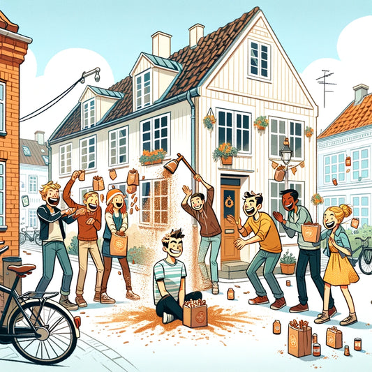 Ung mand får kanel på sin fødselsdag af sine venner og veninder.